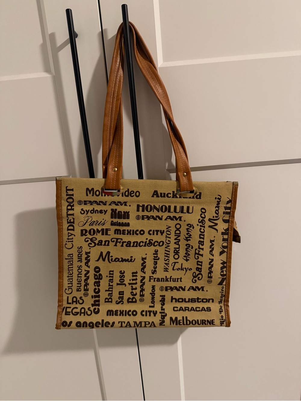 Vintage Pan Am Canvas City Names Tote Bag in Tan and Black